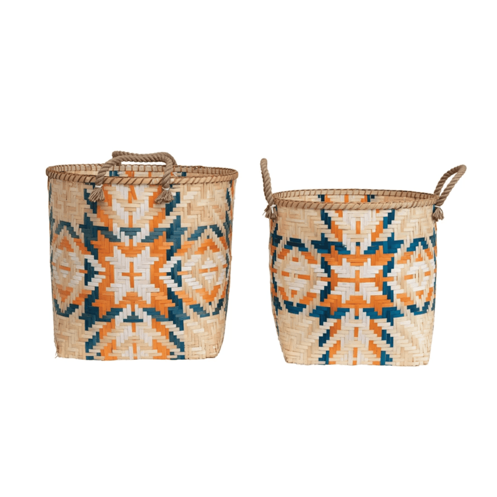 Patterned Hand Woven Basket with handles - Nested Designs