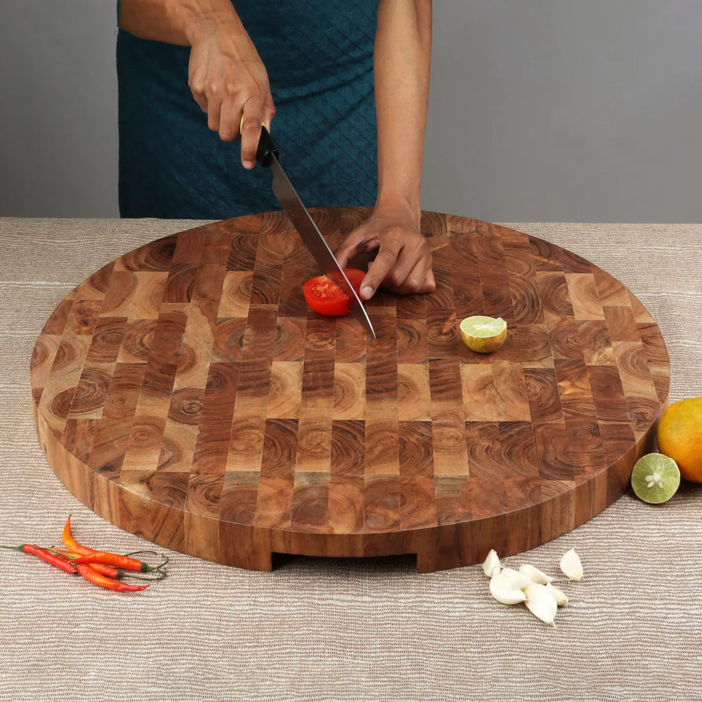 Round End Grain Acacia Wood Cutting Board w/ Cutout Handles - Nested