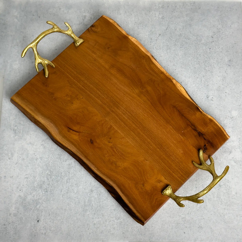 Wood Tray with Gold Antler Handles - Nested