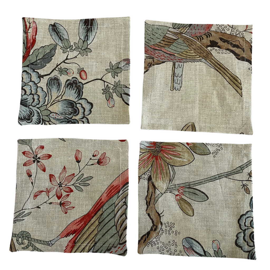 Cocktail Napkins in Bird Floral, Set of Four - Nested