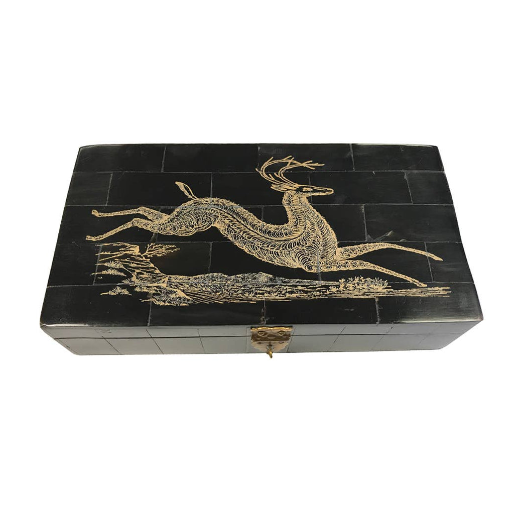 Deer Running Engraved Horn Box - Nested