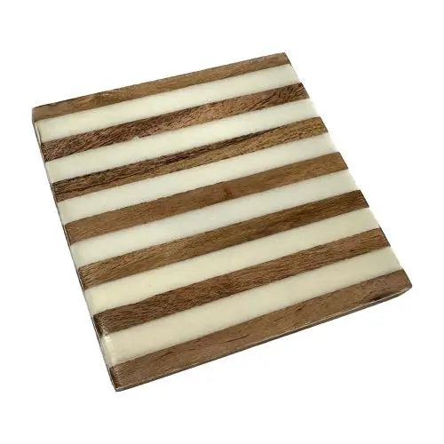 Striped White and Wood Coaster - Nested