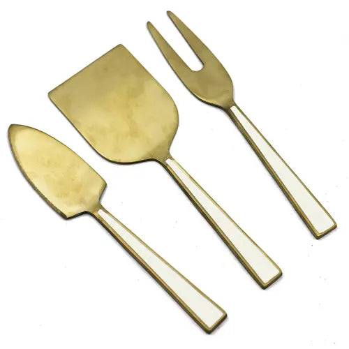 Gold Cheese Set with White Enamel Handles, Set of Three - Nested