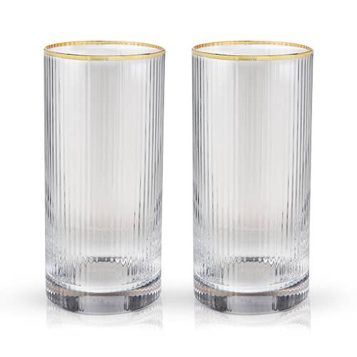 Deco Meridian Gold-Rimmed Crystal Highball Glasses, Set of Two - Nested