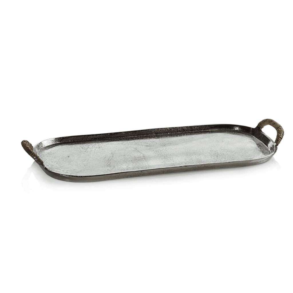 Mauritius Raw Aluminum Tray with Cane Wrapped Handles - Medium - Nested Designs