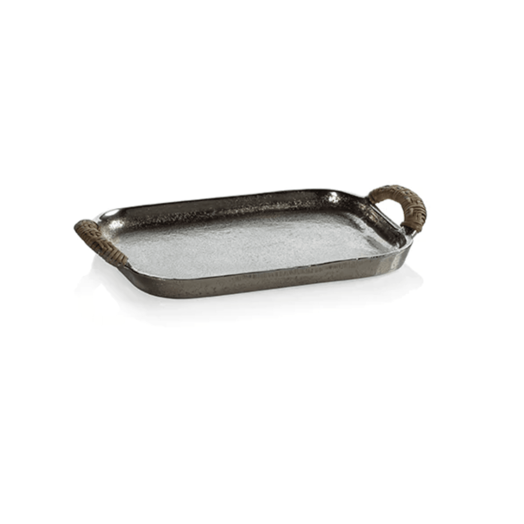 Mauritius Raw Aluminum Tray with Cane Wrapped Handles - Small - Nested Designs