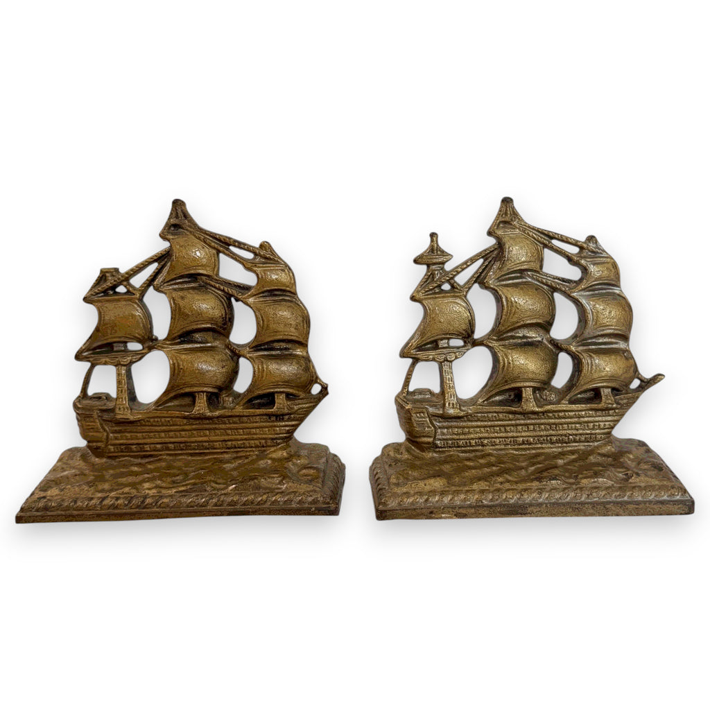 Pair of Vintage Cast Iron Sailboat Bookends - Nested