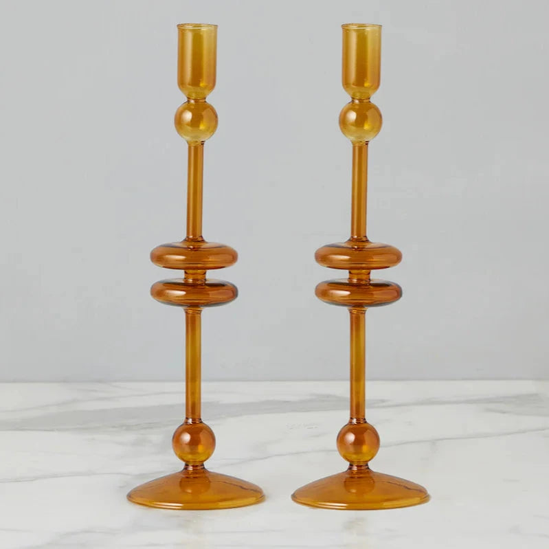 Amber Glass Candlestick Pair, Large - Nested