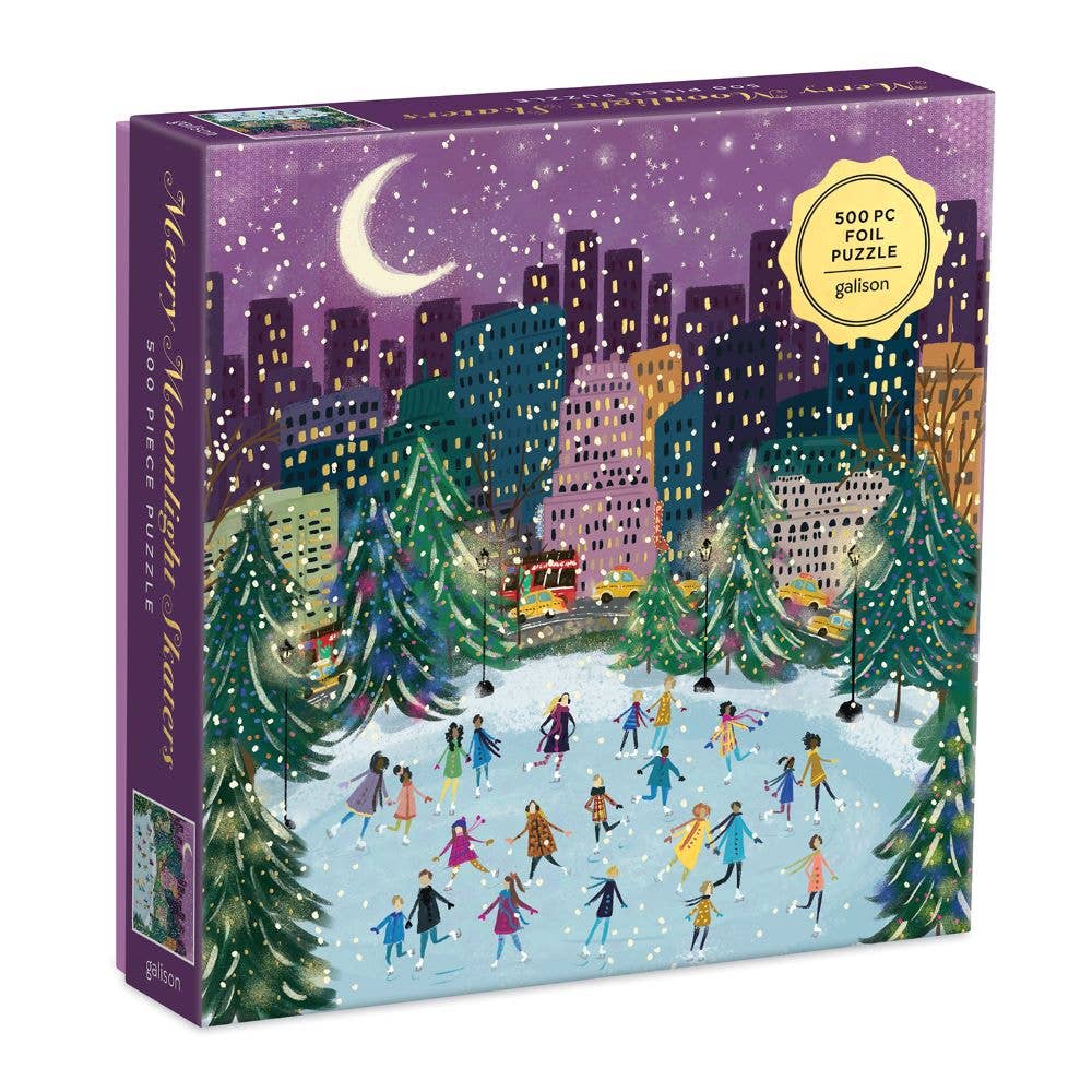 Merry Moonlight Skaters 500 Piece Foil Puzzle - Nested Design