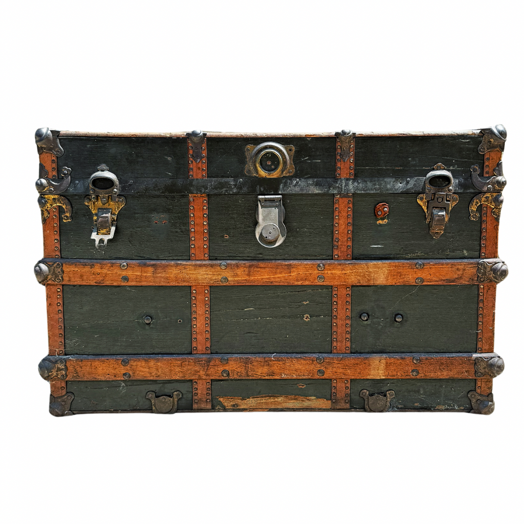 Antique Black Wood Steamer Trunk - Nested