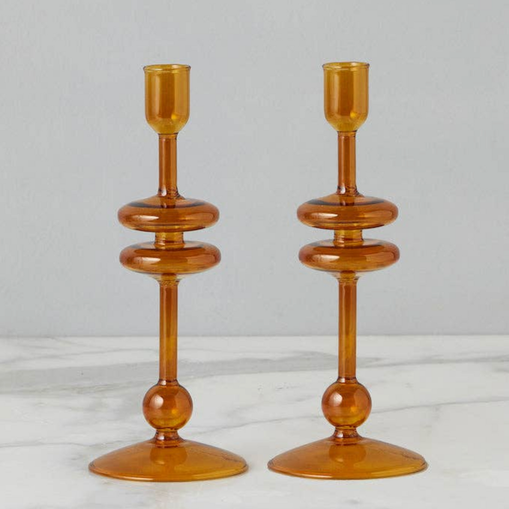 Amber Glass Candlestick Pair, Small - Nested