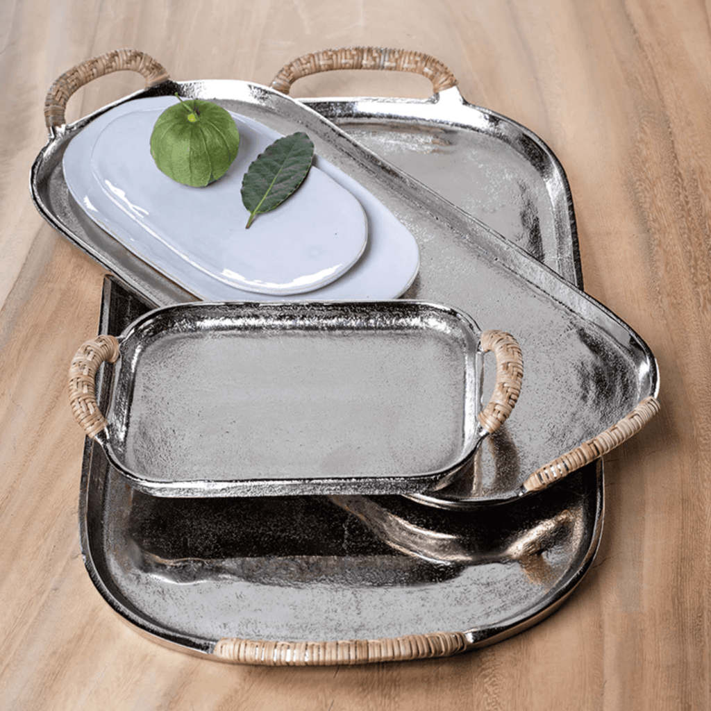 Mauritius Raw Aluminum Tray with Cane Wrapped Handles - Medium - Nested Designs