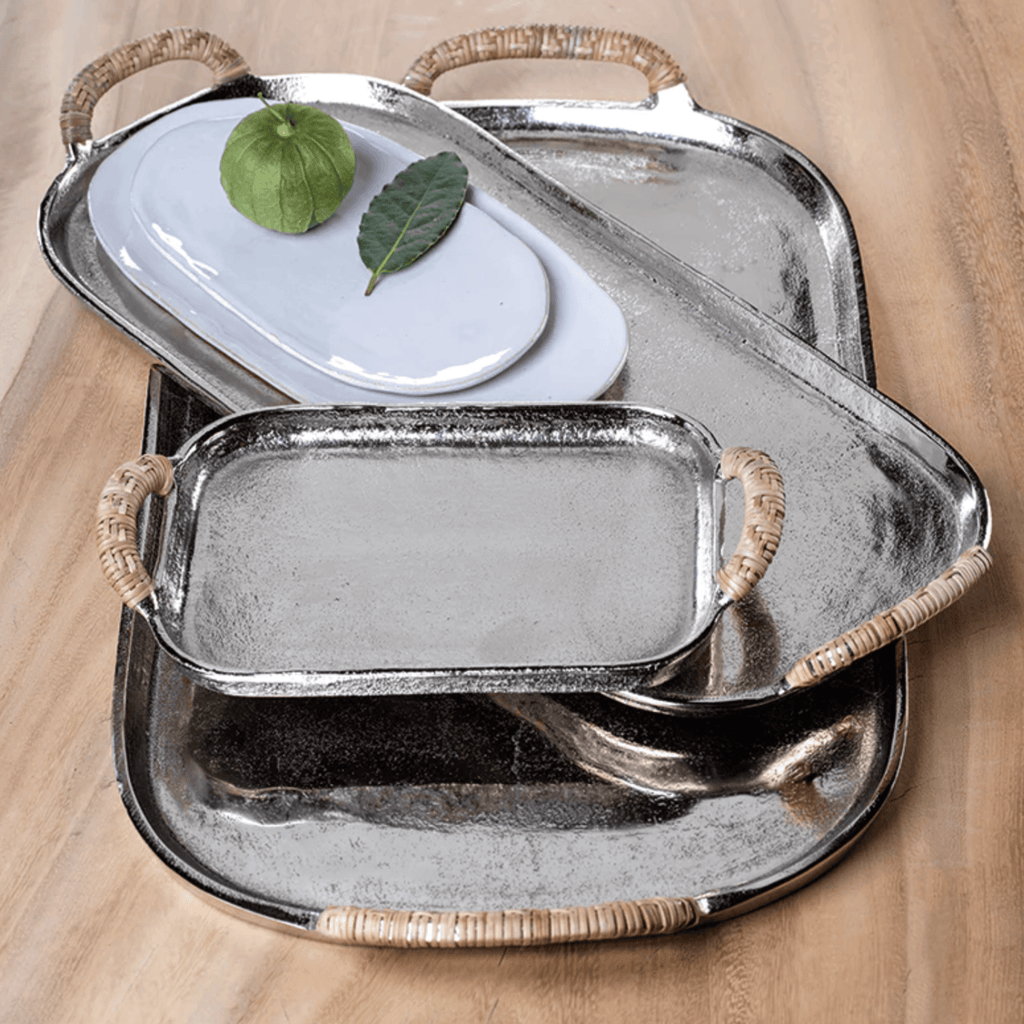 Mauritius Raw Aluminum Tray with Cane Wrapped Handles - Small - Nested Designs
