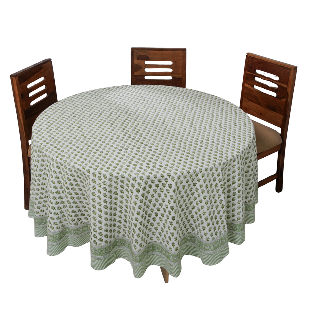 Emerald Green Block Printed Round Table Cloth - Nested