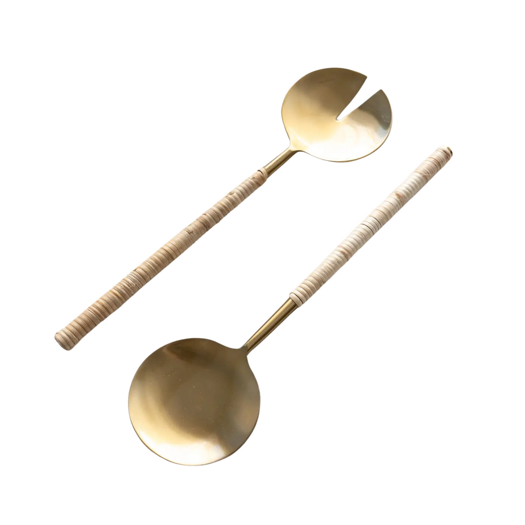 Gold & Jute Wrapped Handle Salad Servers, Set of Two - Nested