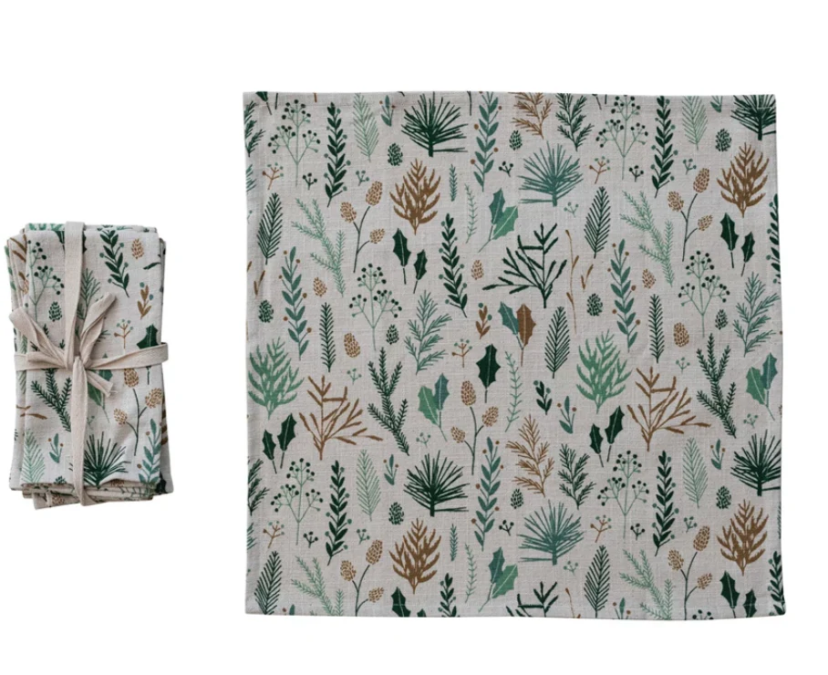 Woven Cotton Slub Printed Napkins with Botanicals Pattern - Nested Design