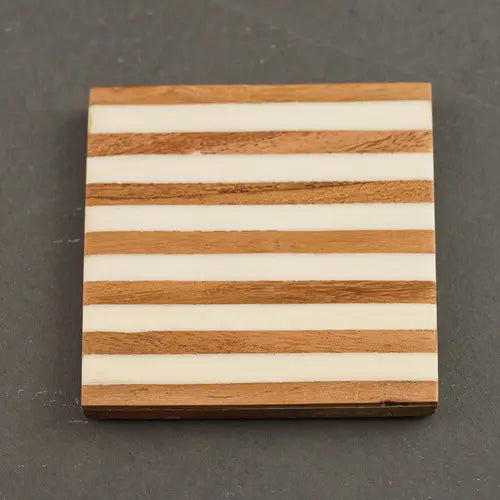 Striped White and Wood Coaster - Nested