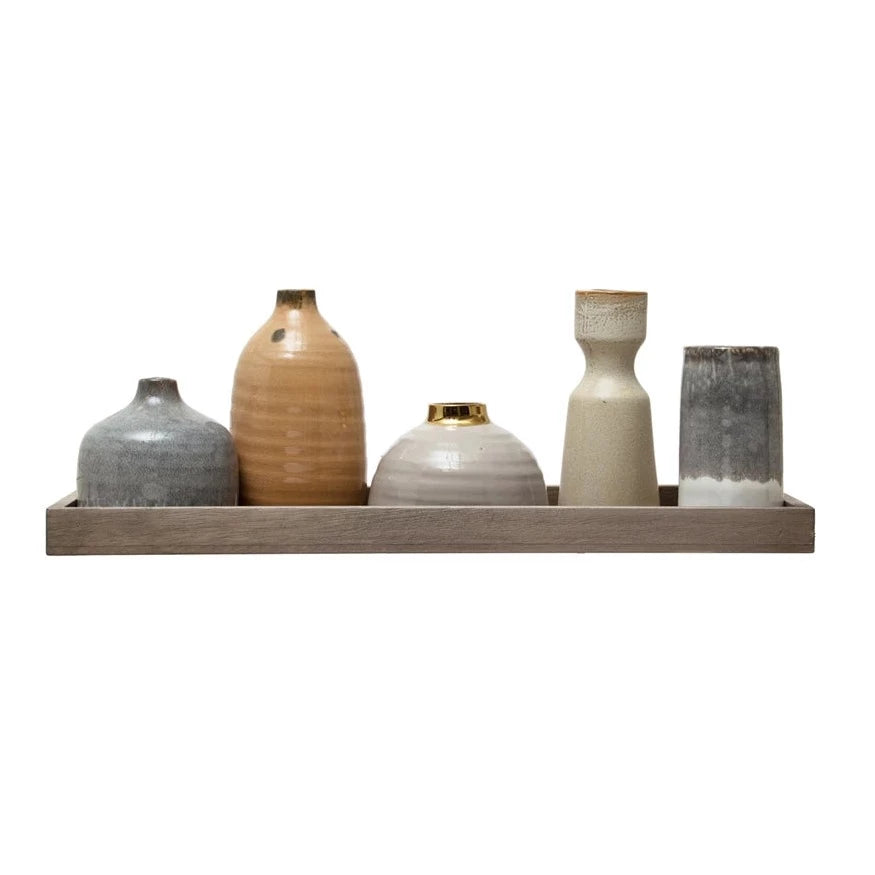 Mango Wood Tray with Assorted Vases - NESTED
