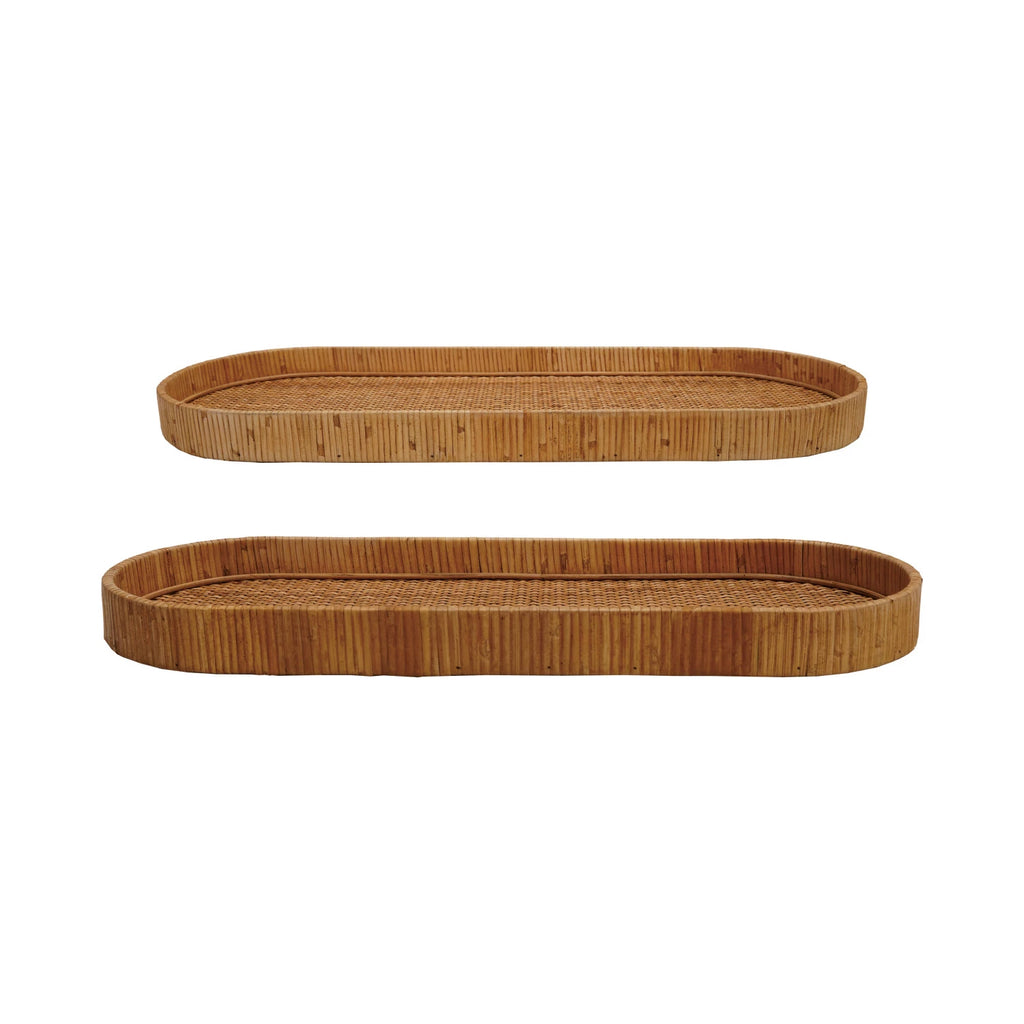 Oval Decorative Hand-Woven Rattan Trays, Set of Two - Nested