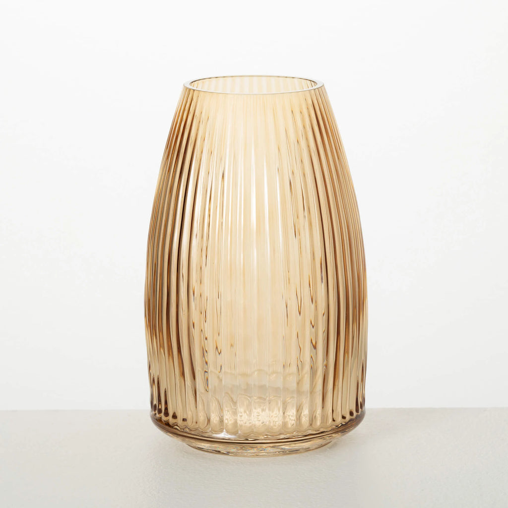 Ribbed Amber Glass Vase - Nested