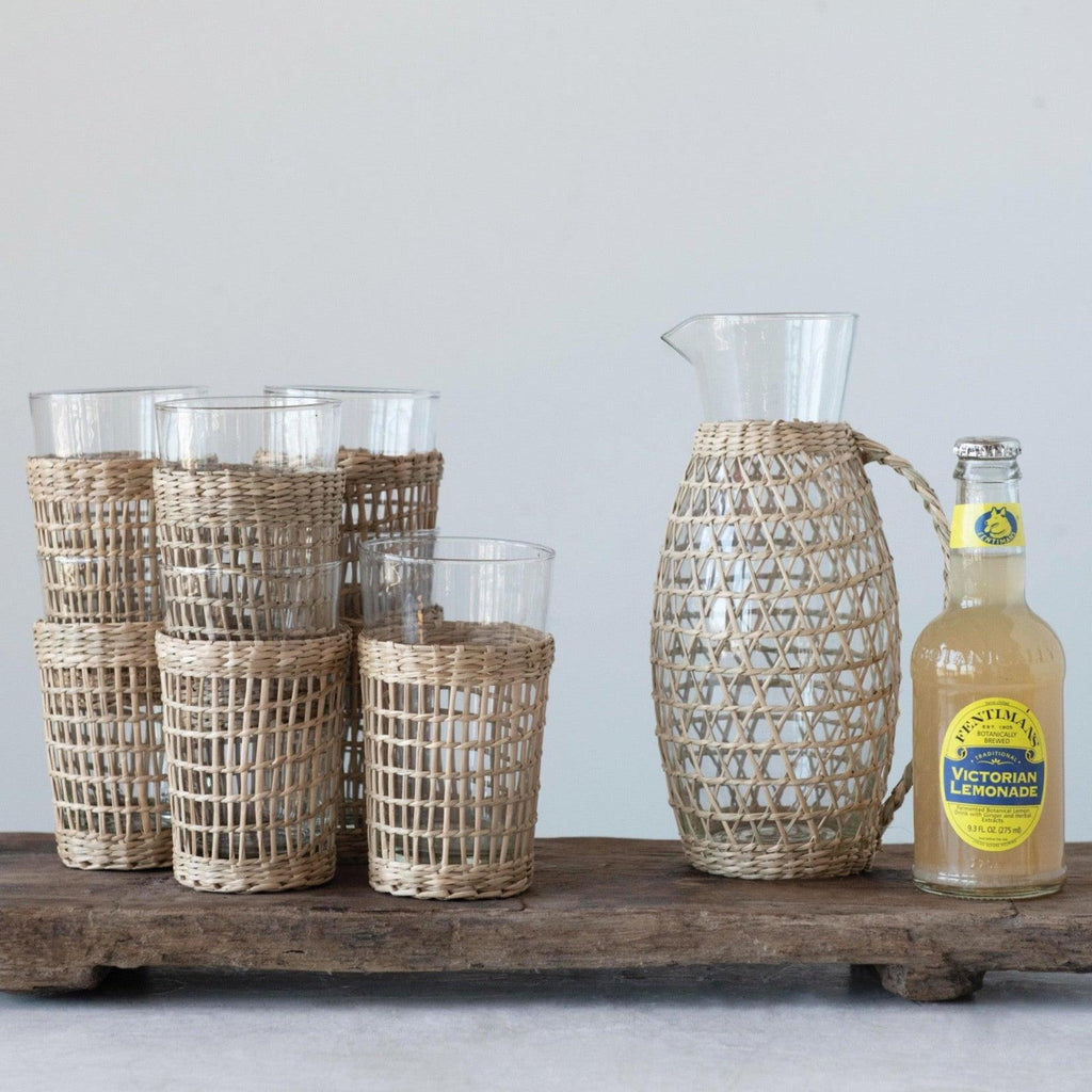 Drinking Glass with Woven Seagrass Sleeve - NESTED