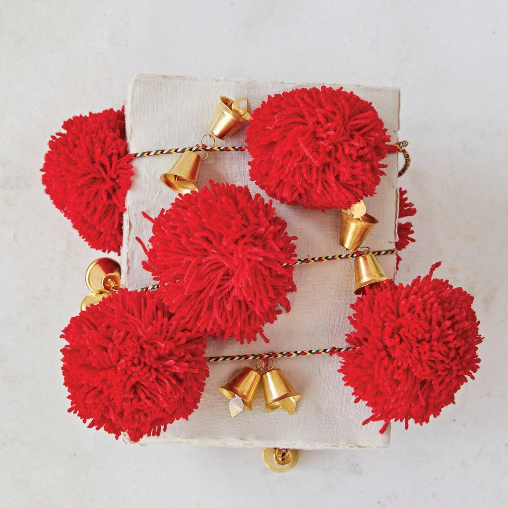 Handmade Acrylic Pom Pom Garland with Bells, Red & Gold Finish - Nest Interior Design