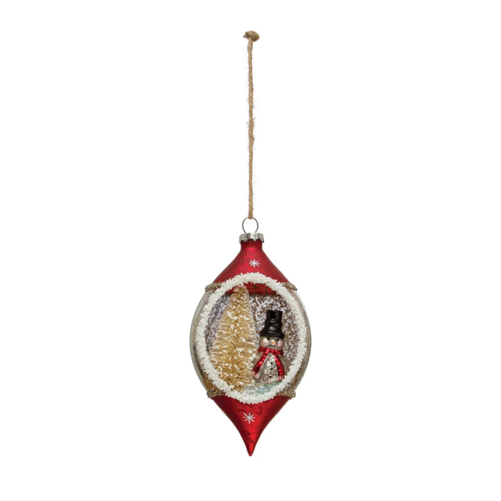 Hand-Painted Glass Diorama Finial Ornament with Inset Snowman - NESTED