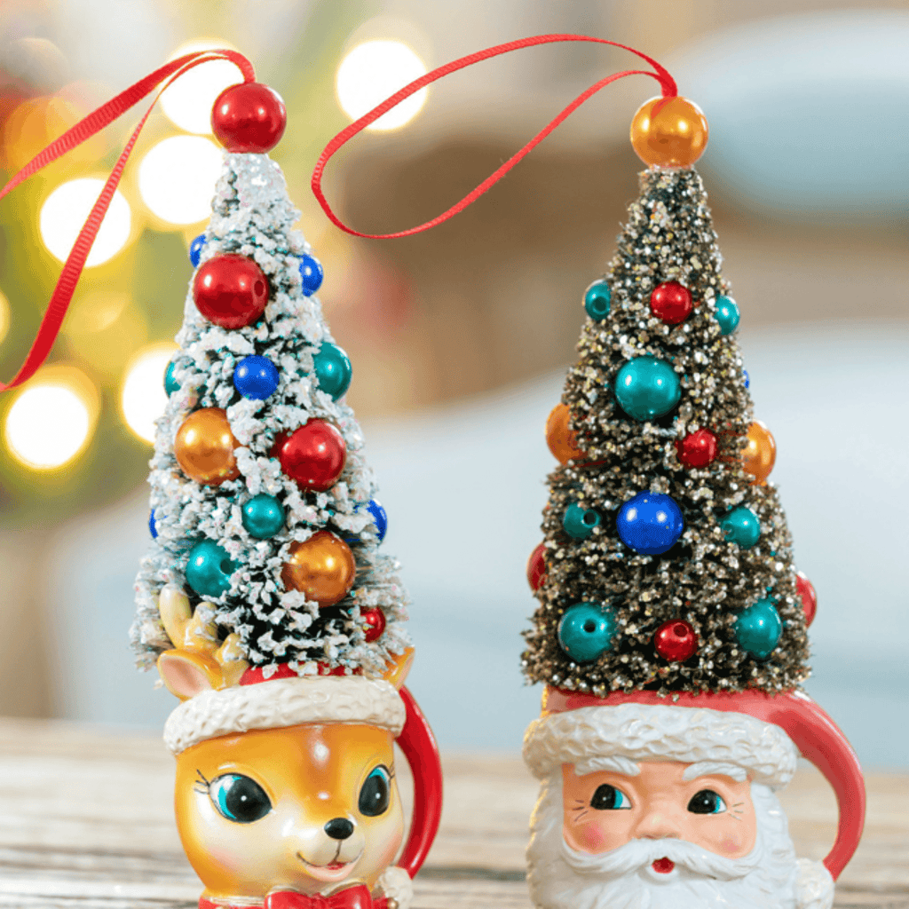 Retro Deer and Santa Mug with Sisal Tree Ornament - Nested Designs