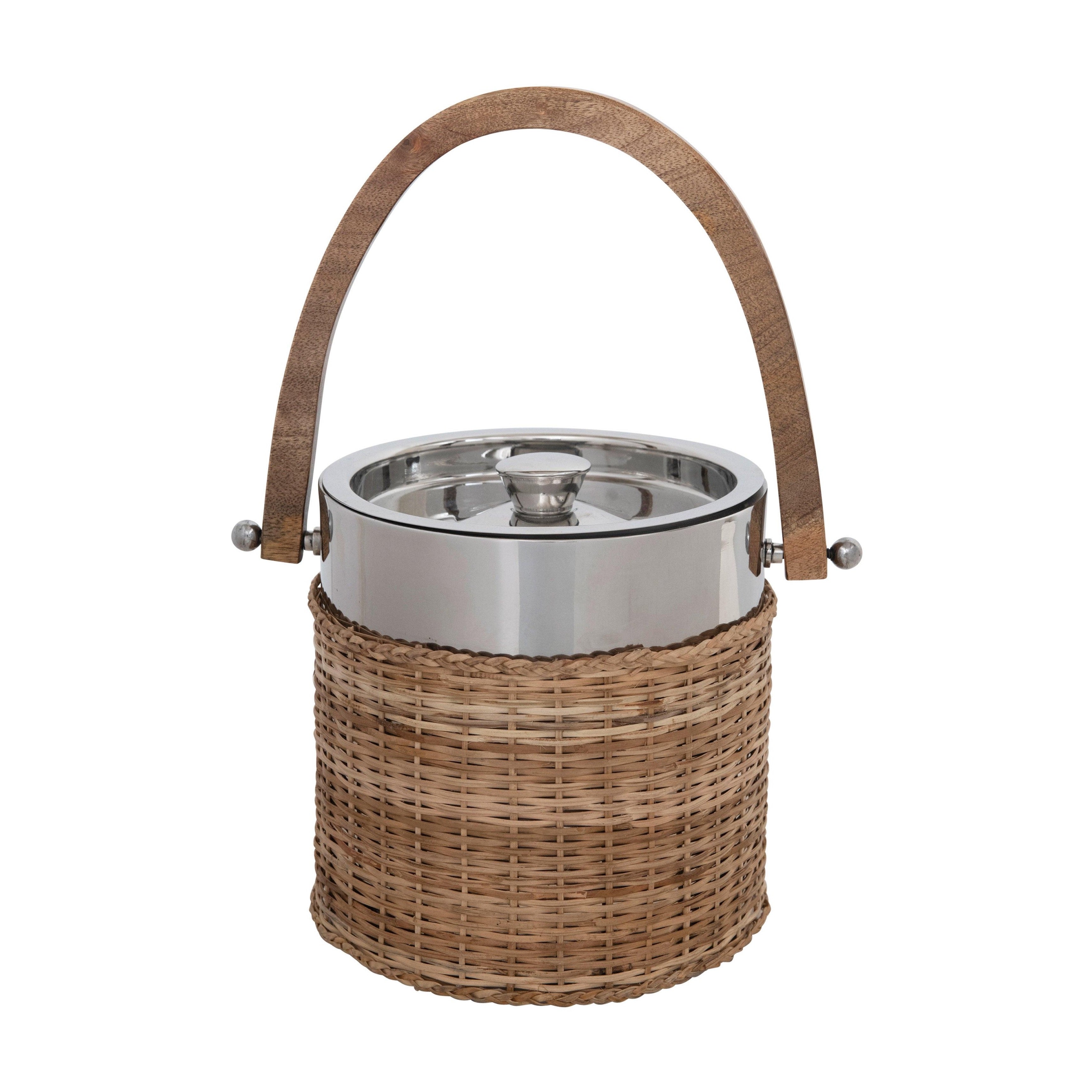 Stainless Steel and Rattan Ice Bucket